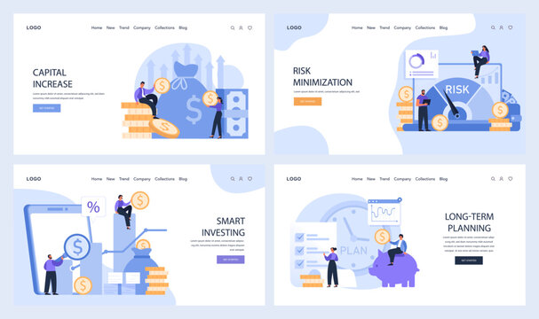 Capital Gain web or landing set. Navigating financial growth strategies with capital increase, risk management, smart investing, and long-term planning. Flat vector illustration