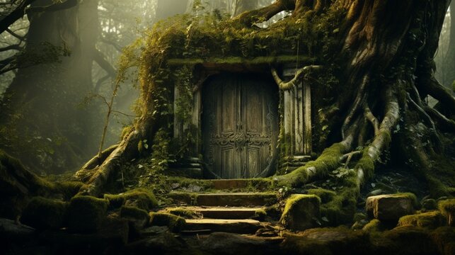 A mysterious wooden door hidden within a mossy, ancient forest, exuding an air of enchantment and mystery.