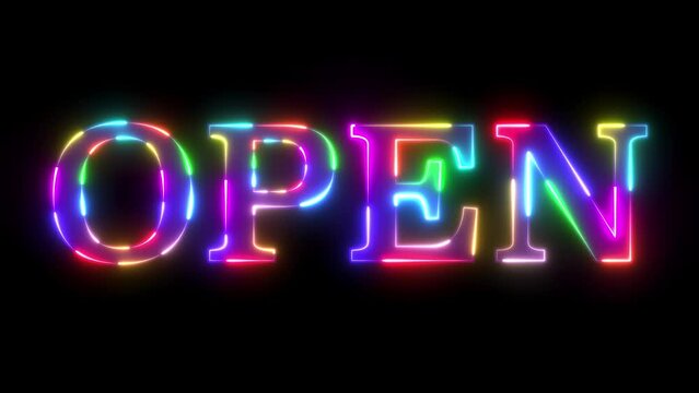 Open sign banner in colorful rainbow color neon light visual effect video animation with seamless loop repeat