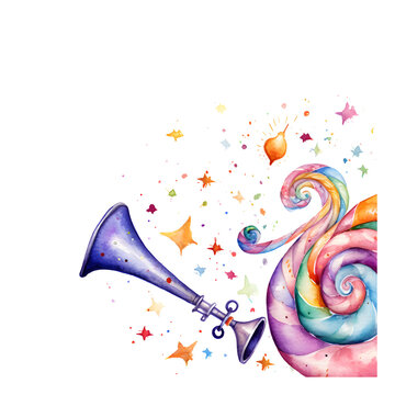 noisemakers, party horns watercolor illustration, party decoration
