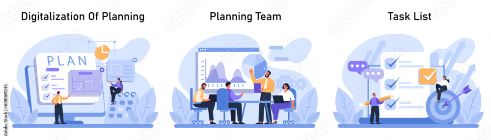 Poster planning process set. transition from manual to digital planning, cohesive teamwork in front of anal