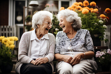 Zwei ältere Damen unterhalten sich im Garten und lachen herzhaft - obrazy, fototapety, plakaty