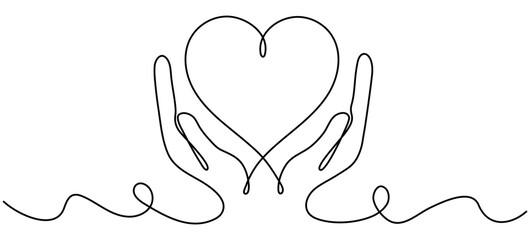 Hands holding heart continuous one line drawing. Charity donation linear concept. Vector hand drawn illustration isolated on white. - obrazy, fototapety, plakaty