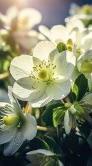 A close up of a bunch of white flowers, beautiful winter hellebores. - obrazy, fototapety, plakaty