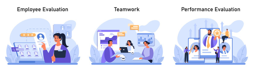 Corporate Evaluation set. Insightful feedback on employee, collaborative workspace dynamics, and recognizing top-performing talents. Evaluation, teamwork, and performance appraisal. Flat vector.