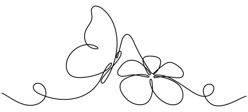 Flower with flying butterfly continuous line art drawing. Plumeria one line symbol. Vector hand drawn illustration isolated on white.