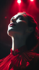 Eine Frau auf einer Showbühne blickt nach oben ins Rampenlicht