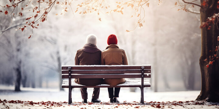 Senior couple in warm clothes seated on wooden bench in winter snowy city park outdoor. Love and relations concept.