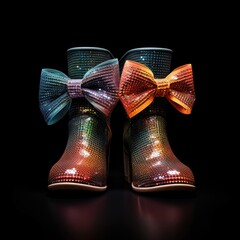 A pair of colorful rain boots with a bow