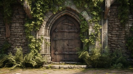 A rustic wooden door set into a ivy-covered stone wall, providing an entrance to a medieval courtyard.