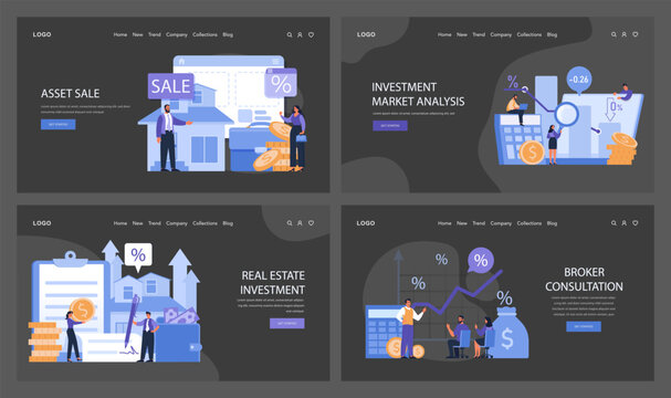 Investment solutions web or landing set. Asset sale techniques, in-depth market analysis, profitable real estate investment, and expert broker consulting. A financial strategy blueprint. Flat vector.