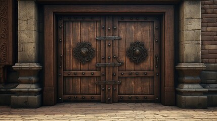 A stout wooden door with a iron knocker, set within the walls of a medieval town, surrounded by cobblestone streets. - obrazy, fototapety, plakaty