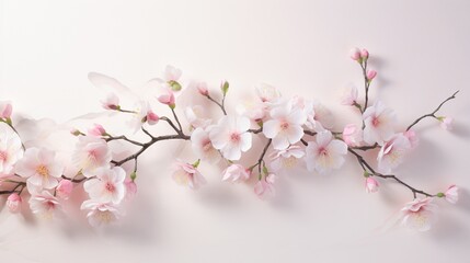 a gentle breeze scatters delicate cherry blossoms, creating a poetic and ephemeral floral art piece on a pure white backdrop.