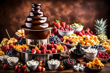 A decadent chocolate fondue fountain, surrounded by an assortment of fruits and marshmallows for dipping.