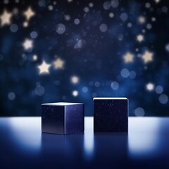 紺色の背景に星と丸のボケライトと四角い二つの展示台がある抽象的な正方形バナー