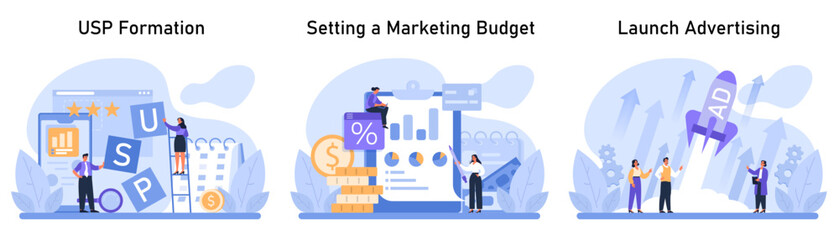 Marketing Strategy Development set. Crafting unique selling propositions, allocating budgets, and launching campaigns. Seamless workflow in brand growth. Flat vector illustration - obrazy, fototapety, plakaty