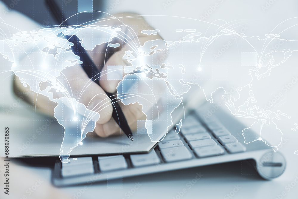 Poster abstract graphic digital world map with connections and hand writing in diary on background with lap