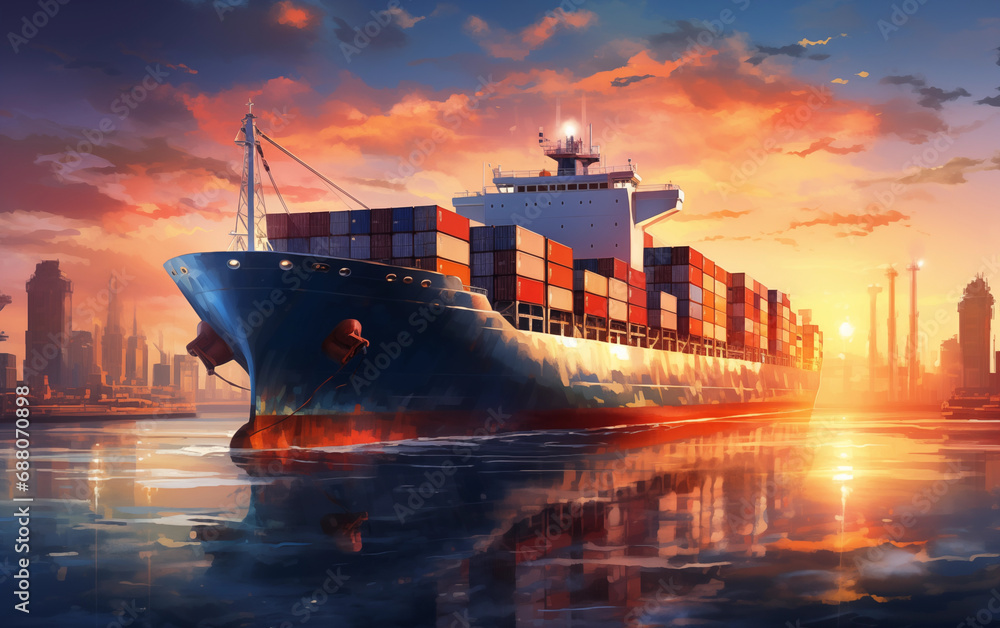 Poster a large tanker with containers leaves the port into the ocean. container ship getting to port. cargo