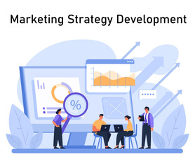 Marketing Strategy Set. Analyzing performance, driving sales, and estimating returns. Business analytics, financial growth strategy, and investment evaluation. Flat vector illustration