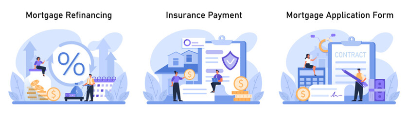 Mortgage and finance set. Exploring refinancing options, securing home insurance payment, and navigating the mortgage application process. Professionals ensuring smooth transactions. Flat vector.