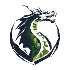 A colorful low-poly vector flying dragon. A green polygonal dragon. The symbol 2024 is an illustration of a geometric dragon. Polygons logo.