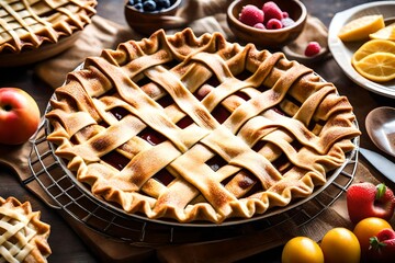 An intricate lattice pie crust, golden brown and freshly baked, with a glimpse of fruity filling...