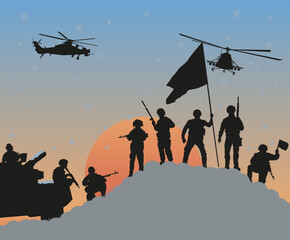 Fototapeta na wymiar Silhouettes of soldiers who won the battle against the background of the setting sun. Winter period. Vector graphics.