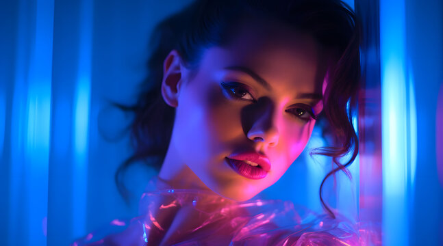 Beautiful model girl in colorful bright neon lights in studio
