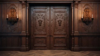 Fotobehang A grand double door made of richly carved wood, opening into the opulent interior of a medieval manor. © jahanzaib