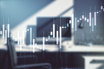Abstract creative financial graph and modern desktop with pc on background, financial and trading concept. Multiexposure - obrazy, fototapety, plakaty