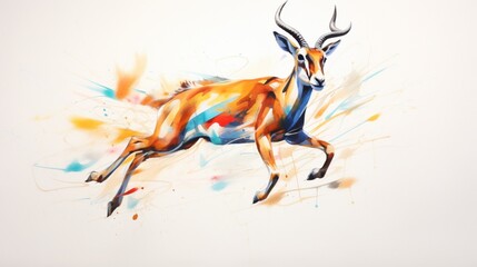 a graceful and colorful interpretation of a leaping gazelle, its elegant posture and swift movements captured in vibrant strokes on a clean white surface, symbolizing grace and agility.