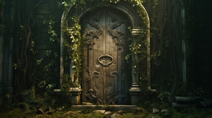 A weathered wooden door partially overgrown with ivy, offering a glimpse into the forgotten chambers of a medieval ruin. - obrazy, fototapety, plakaty