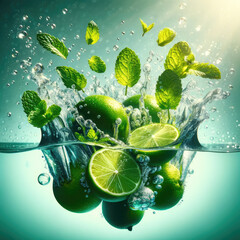 Underwater lime slices and mint leaves with effervescent bubbles