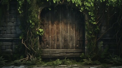 A weathered wooden door partially overgrown with ivy, offering a glimpse into the forgotten chambers of a medieval ruin.