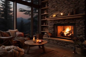 Inviting living space with fireplace and cozy atmosphere for ultimate comfort. Illustration for cover, interior design. AI generative.