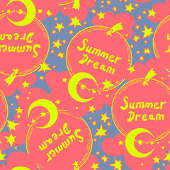 Starry night seamless vector pattern with moon, stars and clouds. Boho style decorative background for wallpaper, digital paper, wrapping design, fashion fabric, textile print. Hand drawn illustration