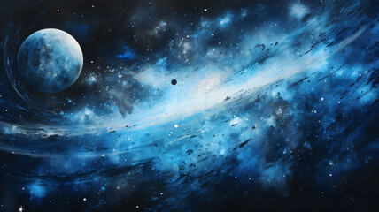 watercolor painting of outer space deep in the galaxy with blue and black background and stars, abstract art concept painting