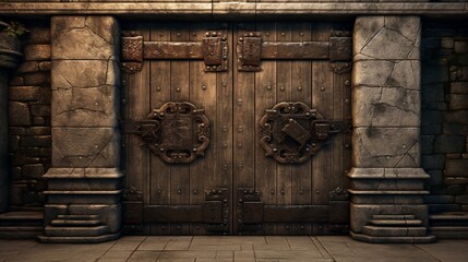 A weathered wooden door with intricate ironwork, standing sentinel in the stone walls of a medieval castle. - obrazy, fototapety, plakaty
