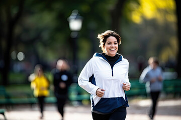 Fototapeta premium Woman engaging in outdoor fitness and running, showcasing a healthy and active lifestyle in a park setting.