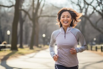 A mature Chinese woman enjoys a healthy and active lifestyle, jogging in a park during a sunny morning