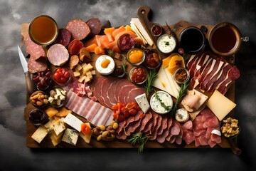 A meticulously arranged charcuterie board, featuring an assortment of cured meats, artisan cheeses,...