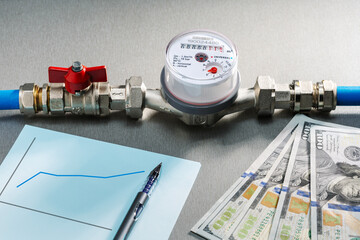 Fototapeta premium Water meter and us dollars money currency banknotes . Growth of water consumption, price and costs concept.