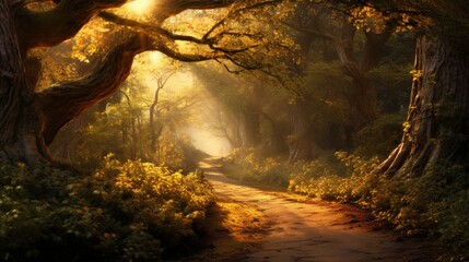 A serene woodland pathway bathed in the golden light of sunset, where the trees' silhouettes blend...