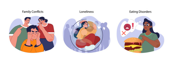Mental health challenges set. Teenagers facing family disputes, feeling isolated and lonely, combating unhealthy eating habits. Emotional struggles depicted. Flat vector illustration - obrazy, fototapety, plakaty