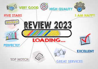 Review 2023 Concept. Chart with keywords and icons on gray background