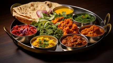 A sizzling platter showcasing vibrant, aromatic Indian spices and a medley of richly colored...