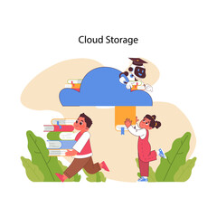 AI in education illustrates cloud storage with students accessing a virtual library, overseen by a robot teacher. Flat vector illustration