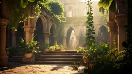 A tranquil garden courtyard surrounded by ancient architecture, where the sunlight filters through, creating a whimsical bokeh effect