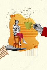 Collage of cute attractive lady sit on bar chair drinking italian coffee with perfect smell and...