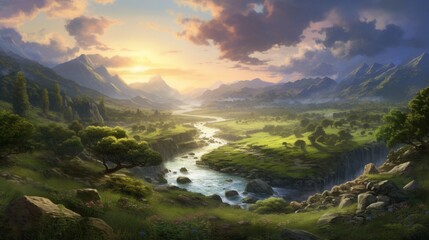 A tranquil river winding through a lush valley, its surface reflecting the hues of the sky, while the surrounding landscape softly blurs into the distance